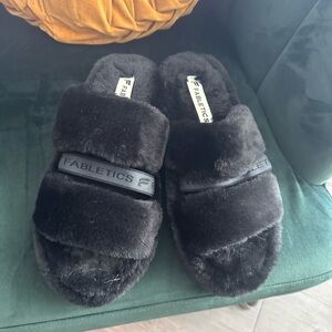 Fabletics Black Faux Fur Slide Slippers with Branded Band